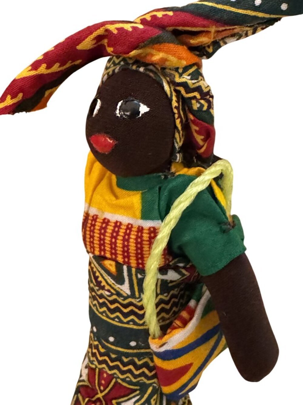 Handcrafted African Fabric Doll with Wooden Base - Bright Kente-Inspired Pattern